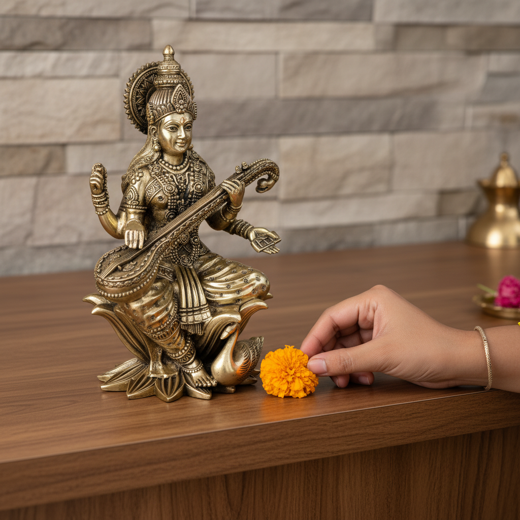 Antique Brass Saraswati Idol – Fine Brass Goddess Saraswati Murti