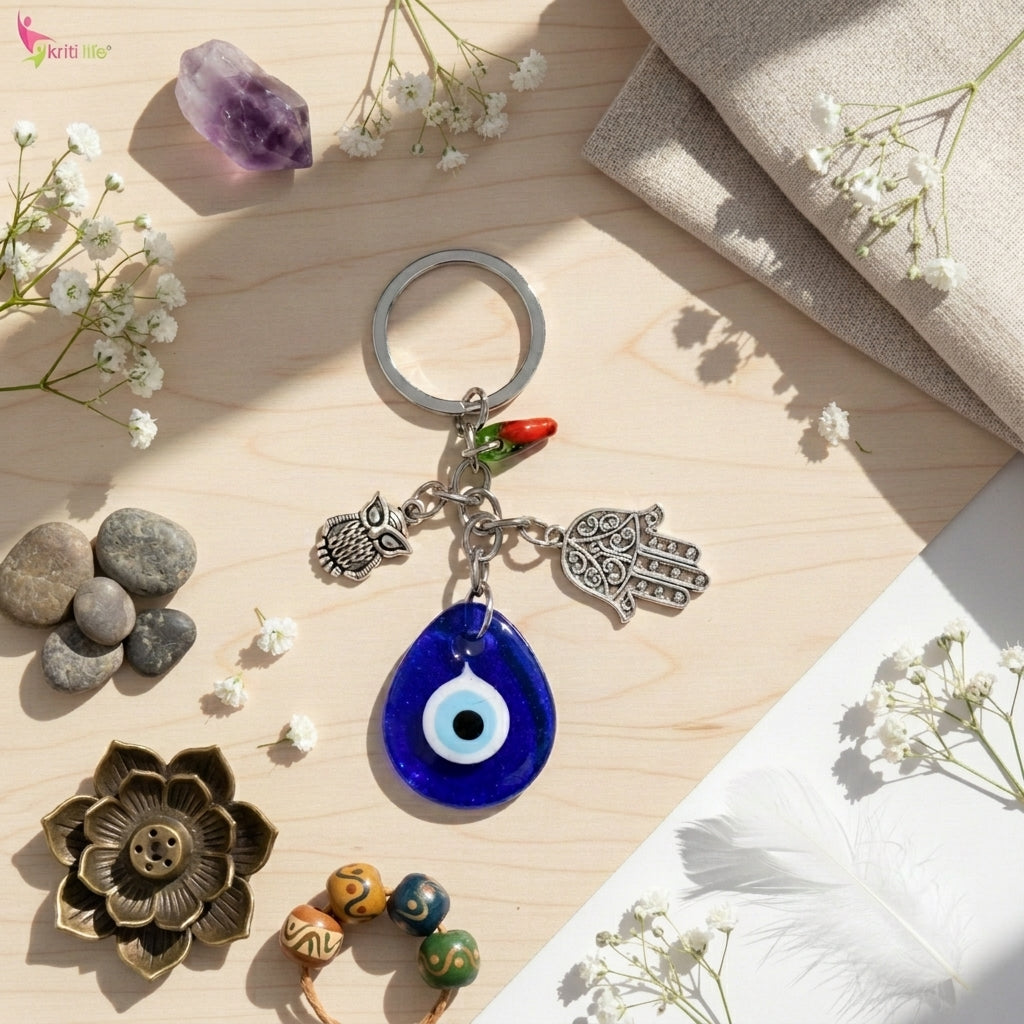 Evil Eye Keychain with Owl, Hamsa & Chilli Charm | Protection from Negativity & Stylish Accessory- 12 cm Hight