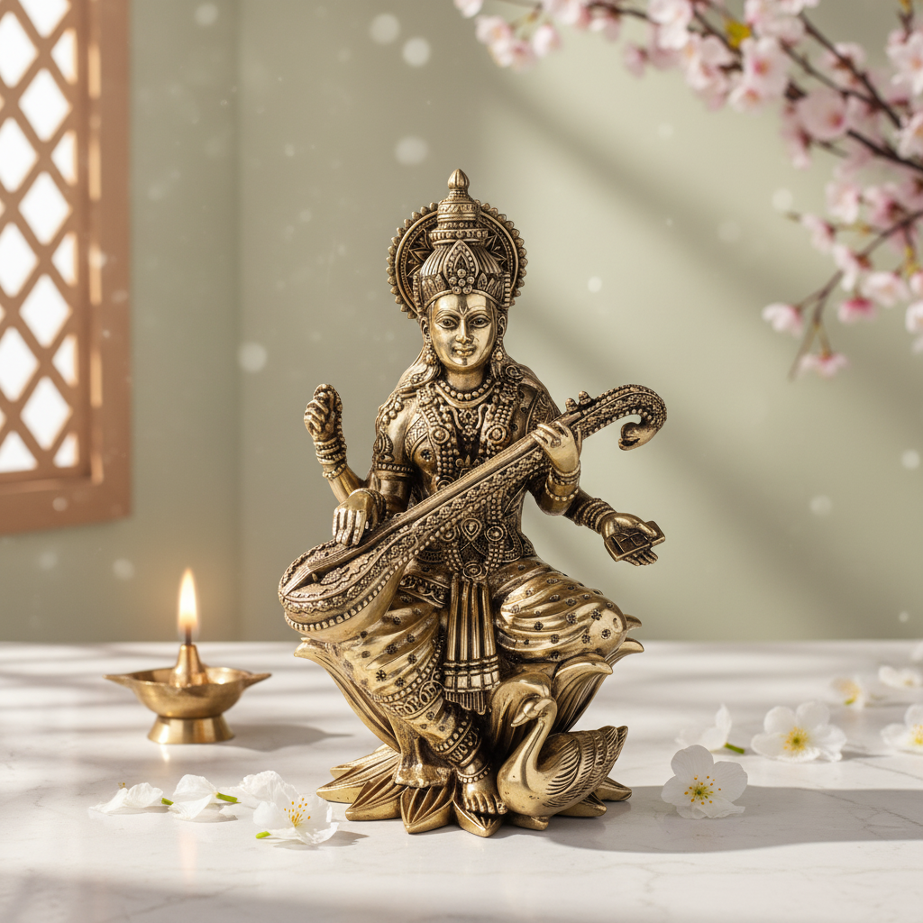 Antique Brass Saraswati Idol – Fine Brass Goddess Saraswati Murti