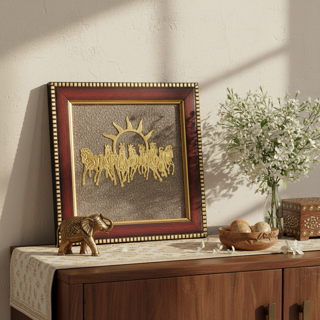 7 Running Horses Raw Pyrite Frame – Wealth, Success & Positive Energy