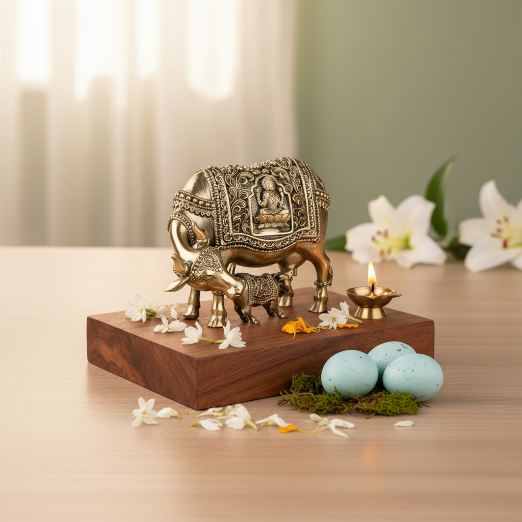 Antique Brass Kamdhenu Cow & Calf Idol – Compact Decor Statue