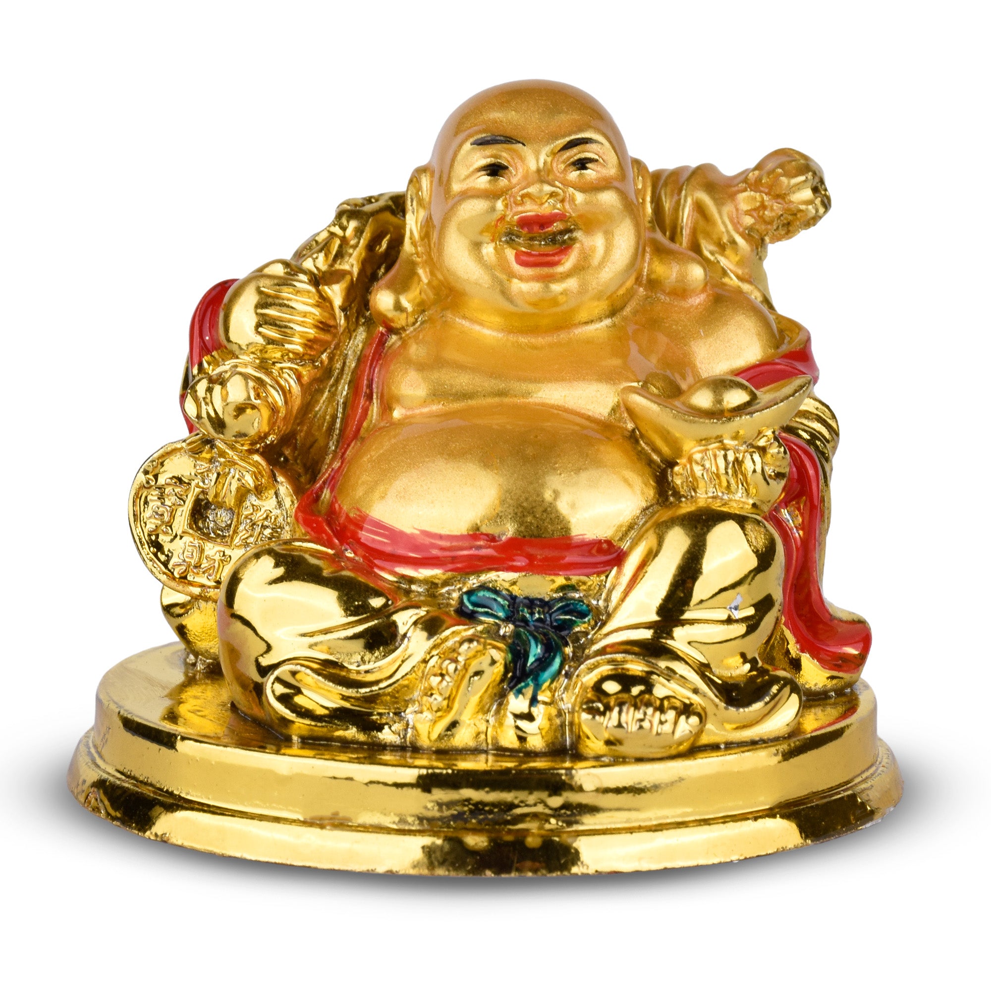 Feng Shui Golden Laughing Buddha Idol with Wealth Coin | Joy, Positivity & Prosperity- 2.5 inches