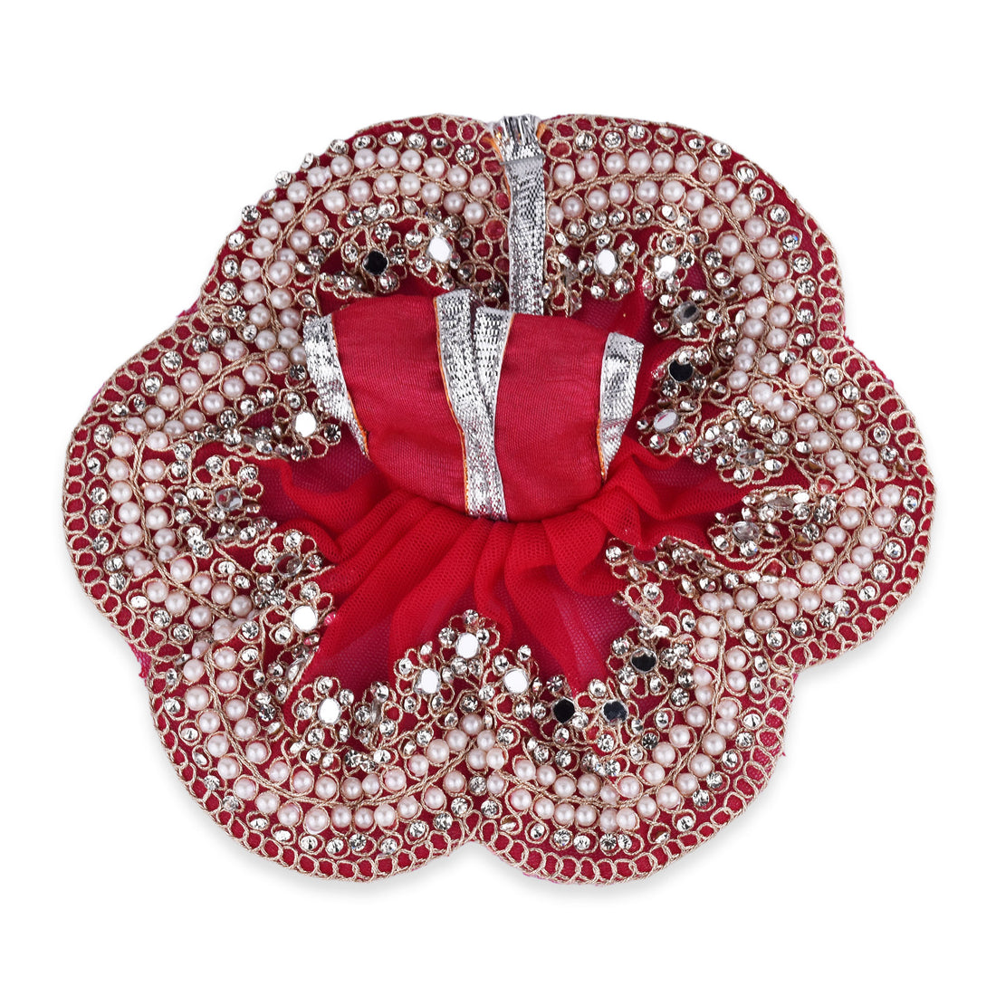 Royal Red Laddu Gopal Dress for 4 Inch Idol – Pearl & Stone Work Designer Poshak