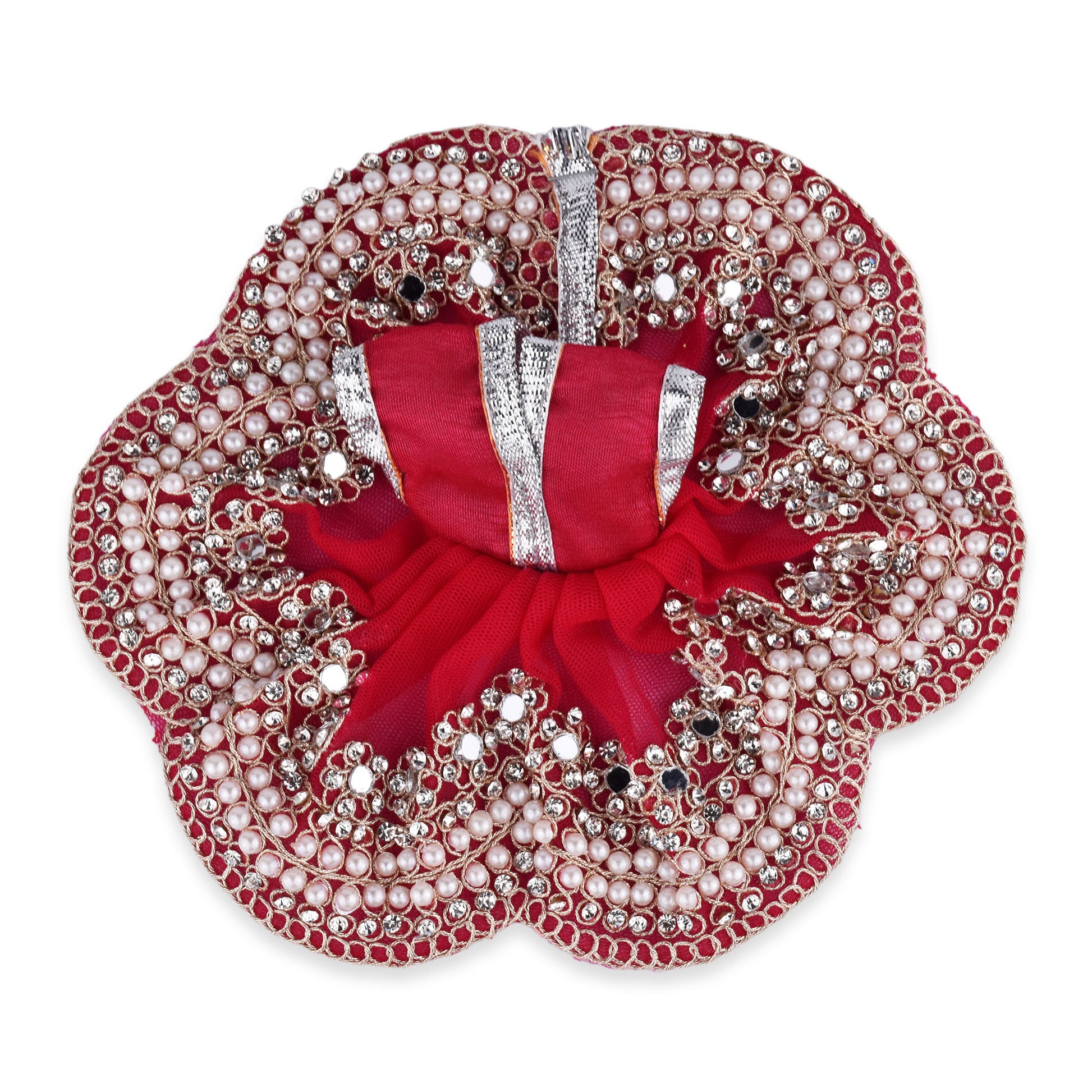Royal Red Laddu Gopal Dress for 4 Inch Idol – Pearl & Stone Work Designer Poshak