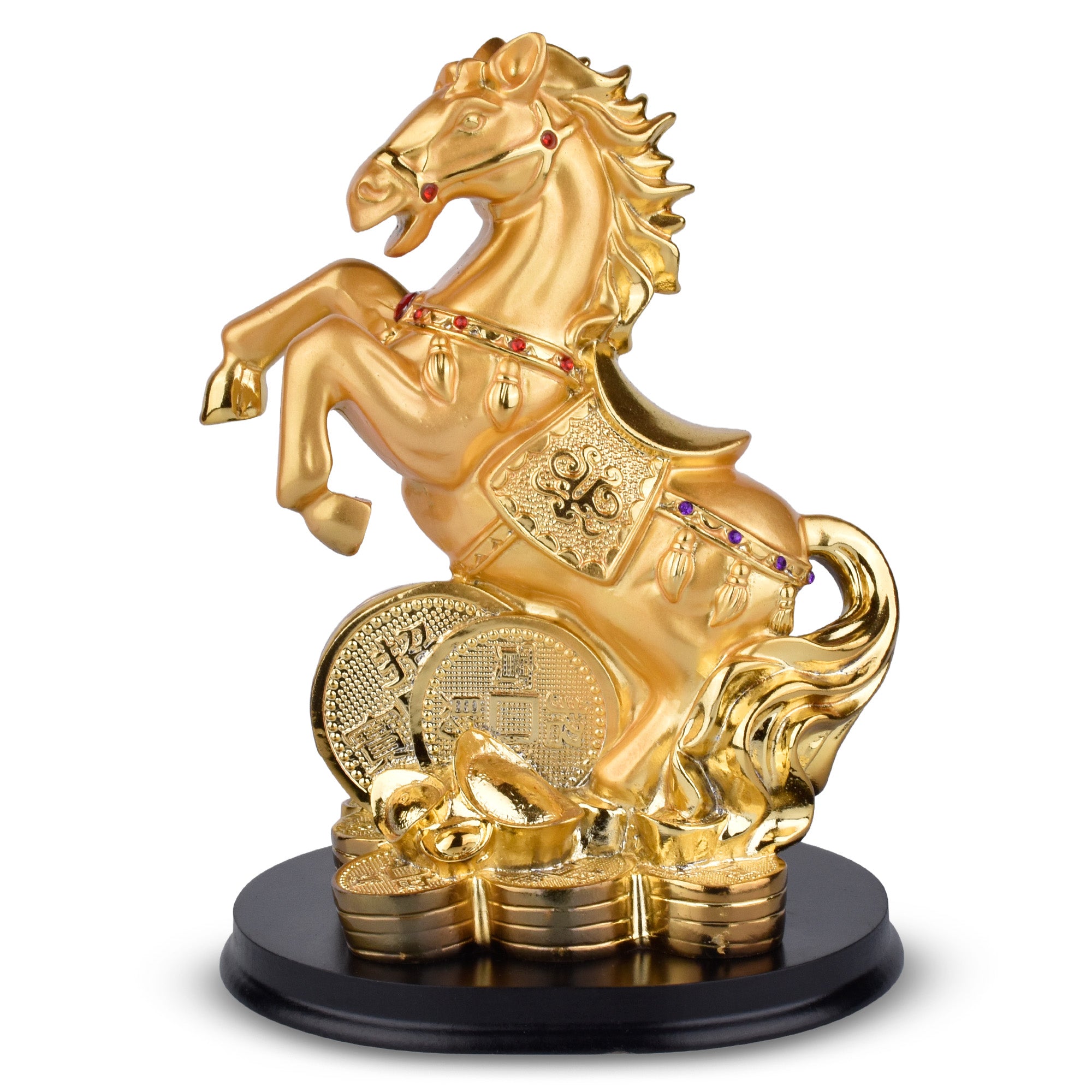 Feng Shui Victory Horse Idol on Coins | Golden Polyresin Showpiece for Career Growth, Fame & Wealth- 8 inches