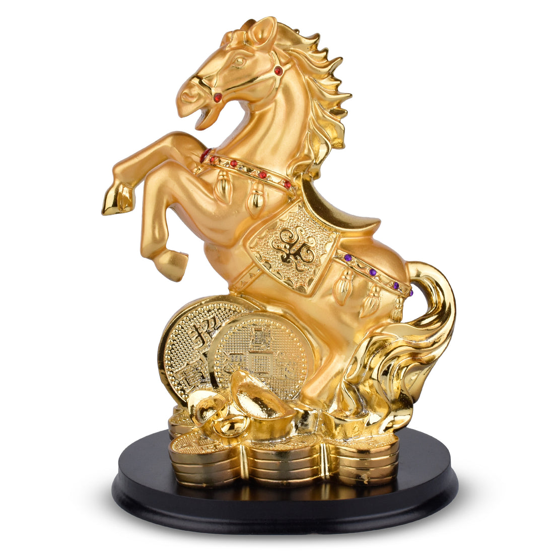Feng Shui Victory Horse Idol on Coins | Golden Polyresin Showpiece for Career Growth, Fame & Wealth- 8 inches