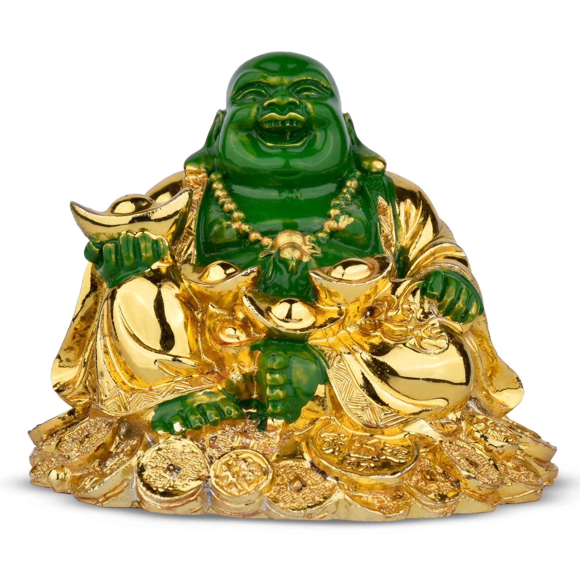 Feng Shui Green & Golden Laughing Buddha Sitting on Coins | for Wealth, Positivity & Happiness- 2.75 inches (5062166)