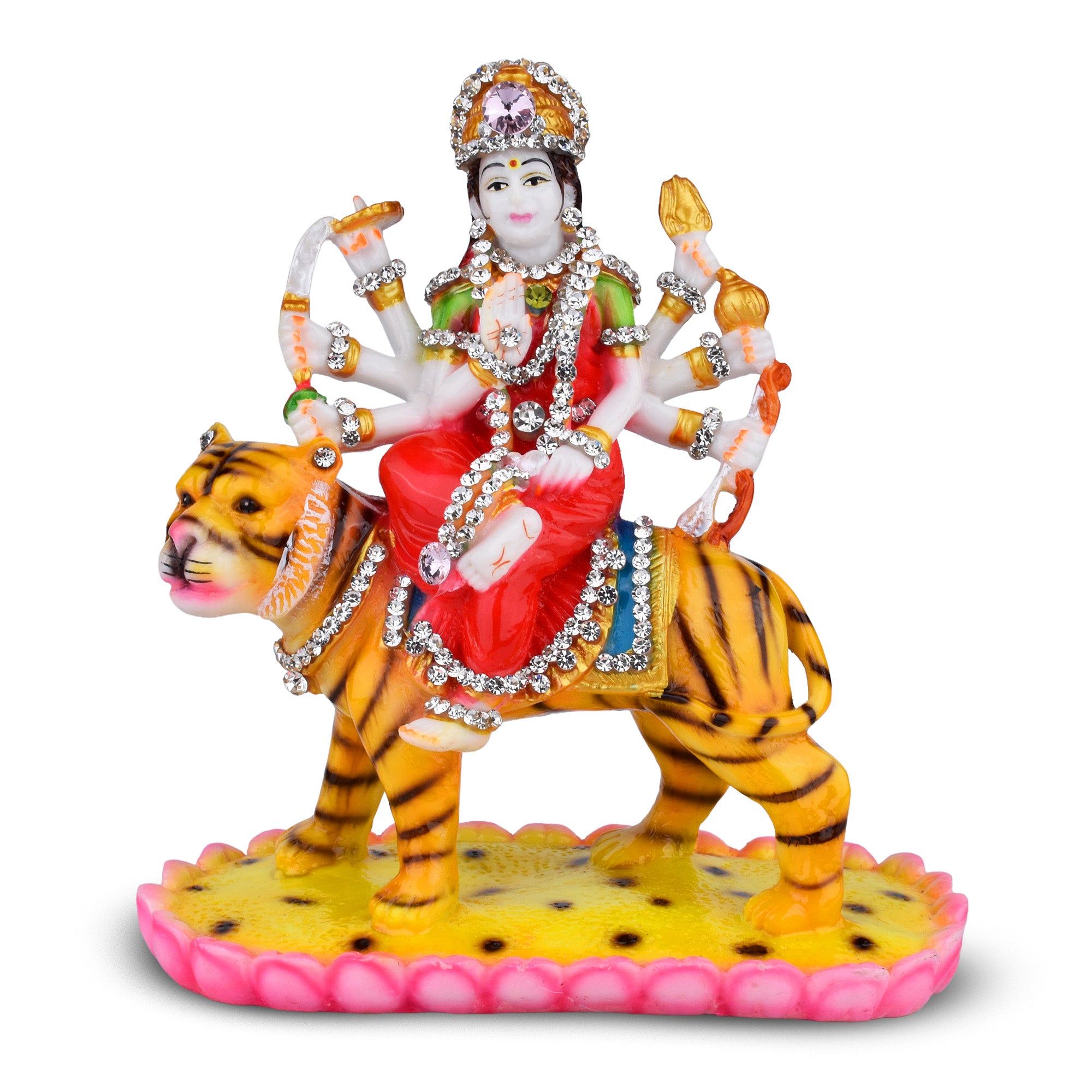 Goddess Durga Idol on Tiger – Polyresin Statue with Decorative Stones for Home Temple & Navratri | 7 inches