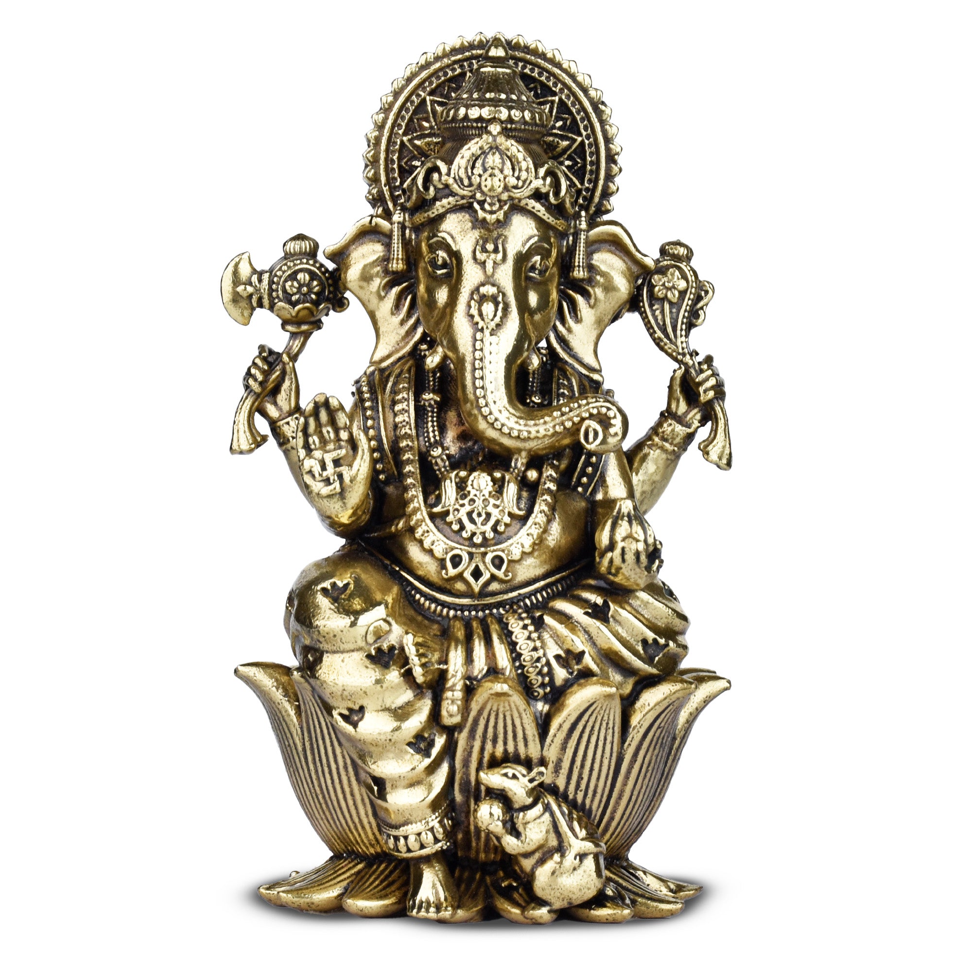 Brass Lord Ganesha Idol Sitting on Lotus – Antique Finish Decorative Statue 4 inches for Home & Office
