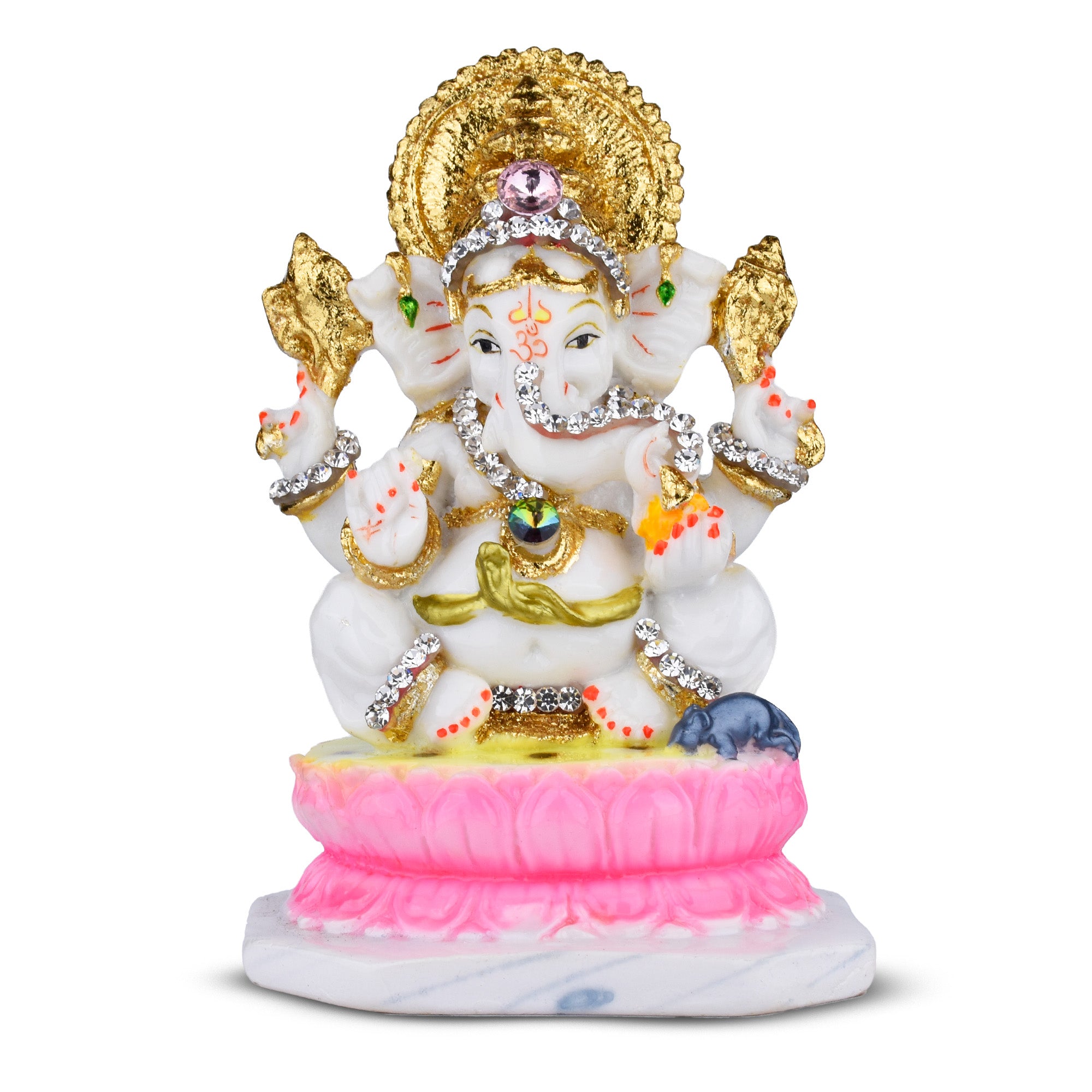 Lord Ganesha Idol – Decorative Polyresin Statue with Stones & Pink Lotus Base - 5.5 inches