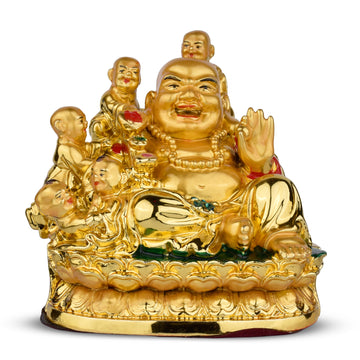 Feng Shui Laughing Buddha with Baby | Golden Polyresin Feng Shui Idol for Happiness, Wealth & Positivity- 4 inches