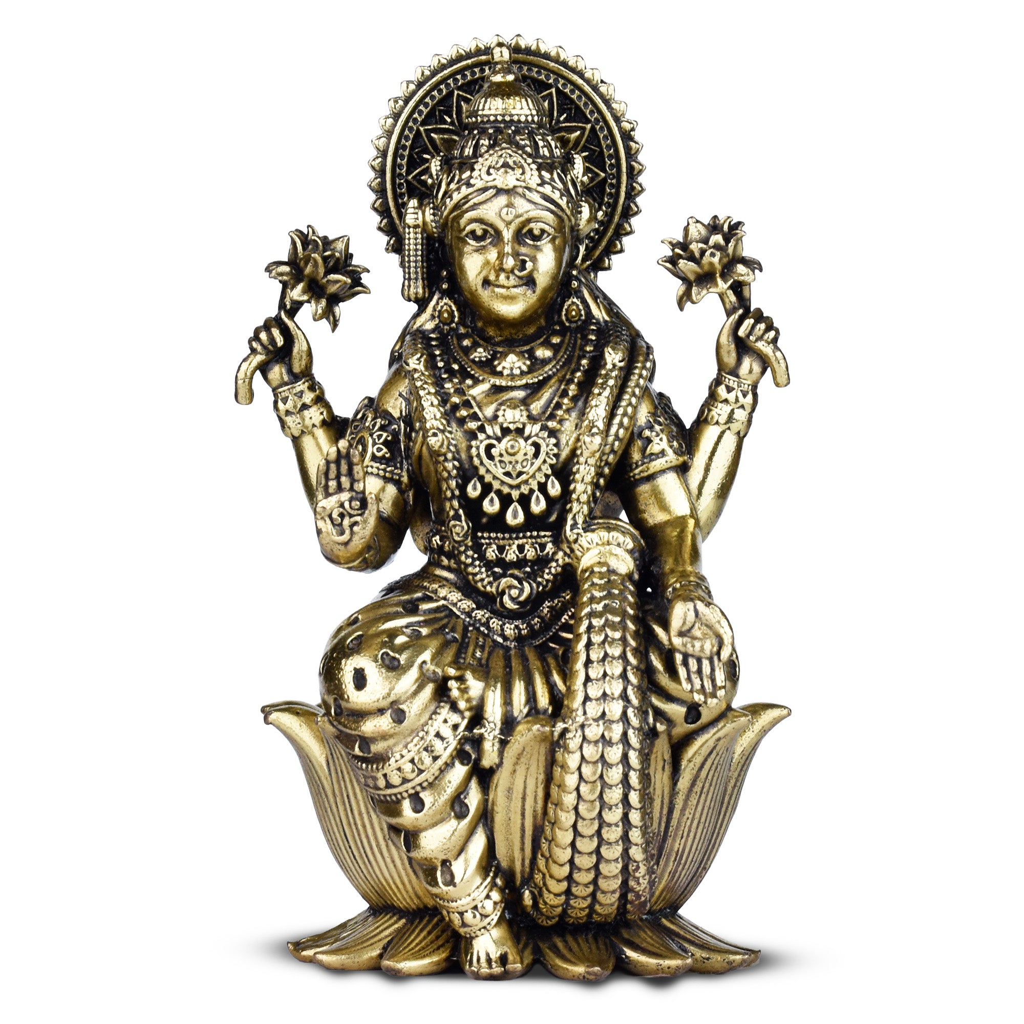 Brass Goddess Lakshmi Idol Sitting on Lotus – Antique Finish Statue 4 inches for Wealth & Prosperity