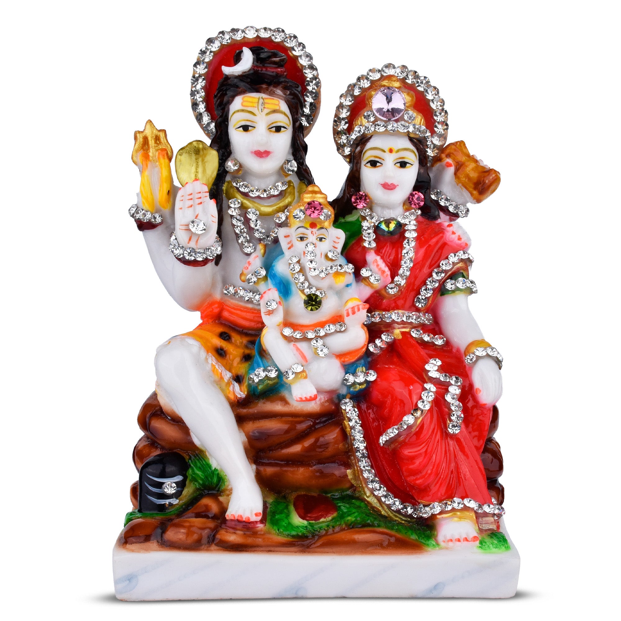 Shiva Parivar Idol | 6 inches | Polyresin Lord Shiva, Parvati & Ganesha Statue with Decorative Stonework