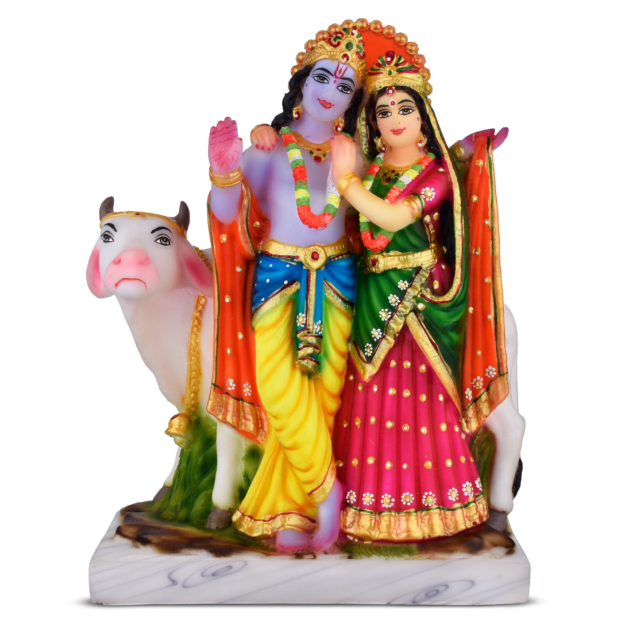 Radha Krishna with Cow Polyresin Idol | 10.5 inches | – Handcrafted Decorative Statue for Home Mandir & Gifting