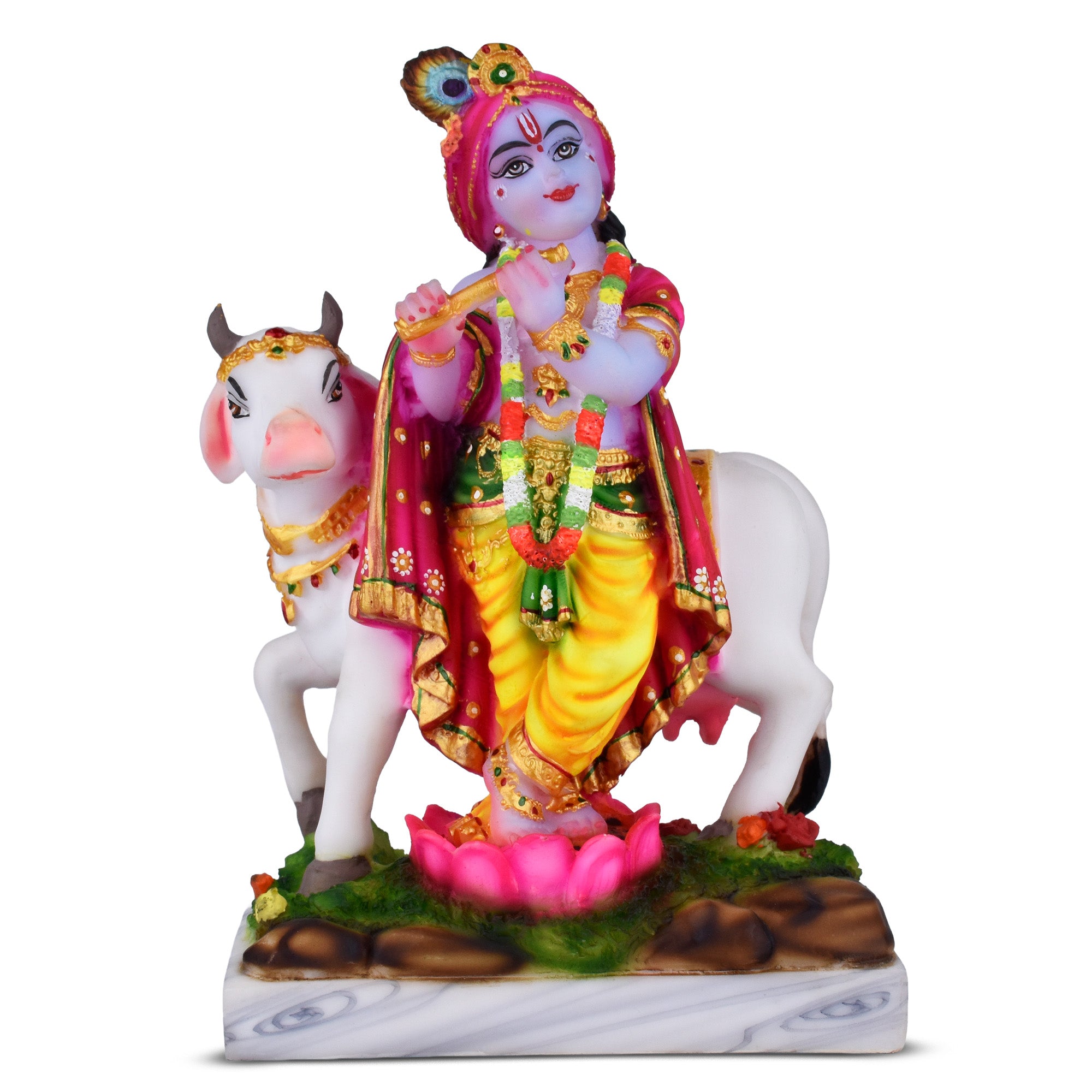 Lord Krishna with Cow Marble Dust Idol | 9.5 inches | – Handcrafted Murti for Home Mandir & Décor