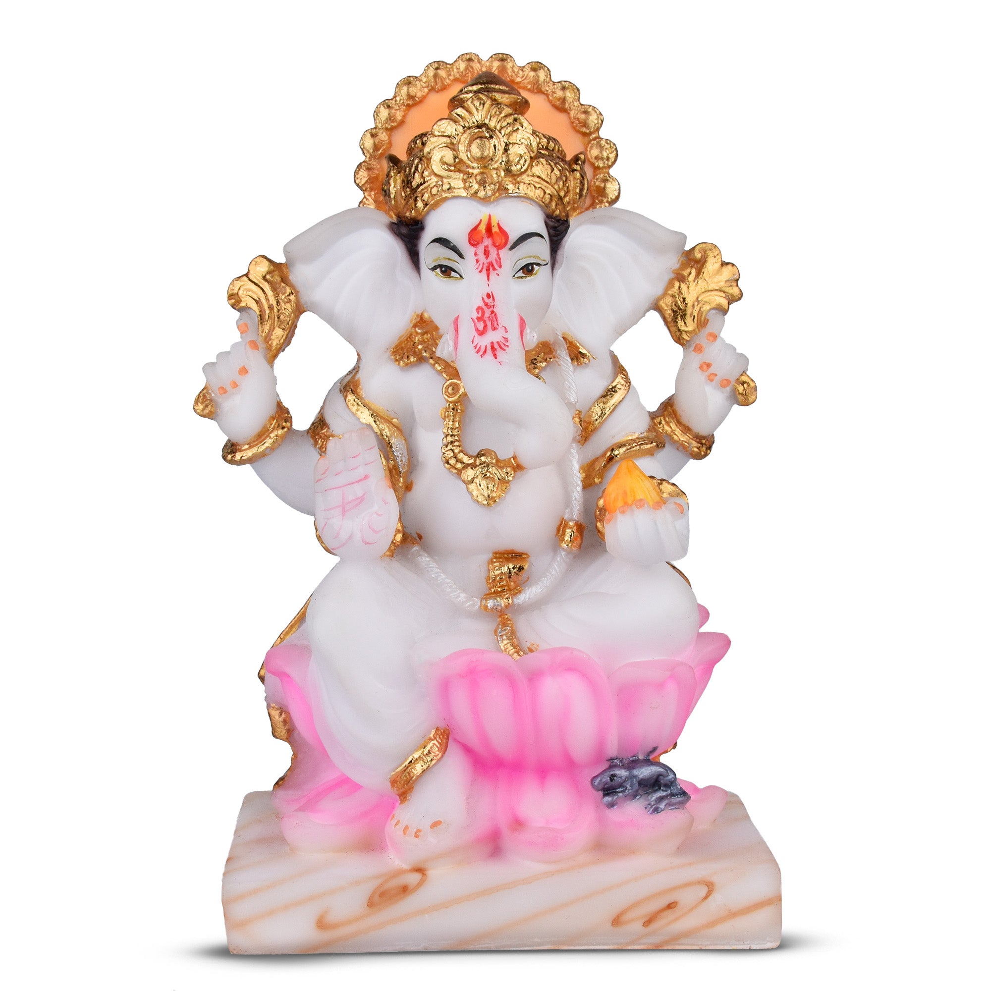 Lord Ganesha Idol in Polyresin | 6.5 inches | Sitting Ganpati Statue on Lotus with Golden Accents