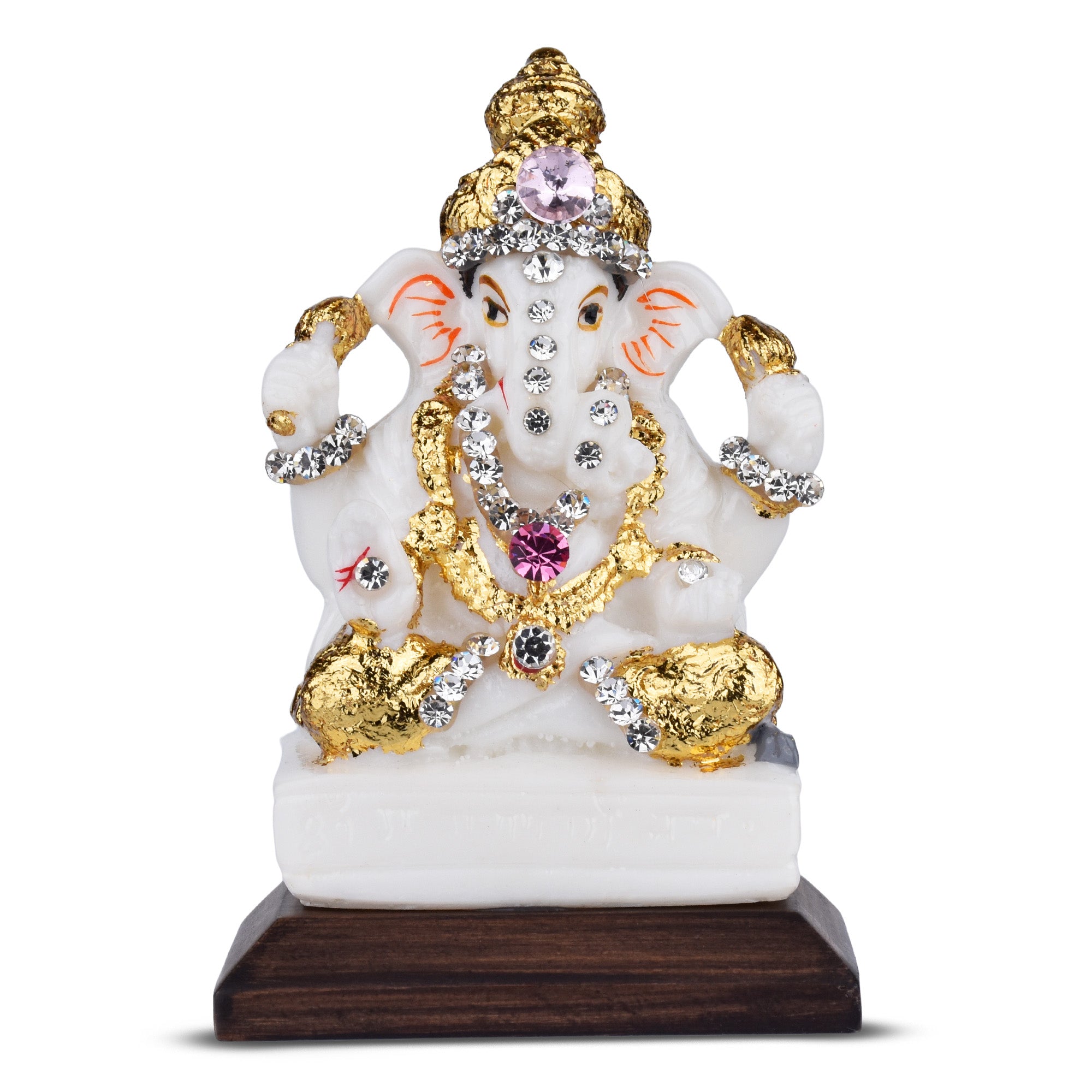 Lord Ganesha Idol with Decorative Stones – 3.5 inches - White & Gold Polyresin Statue for Home & Office