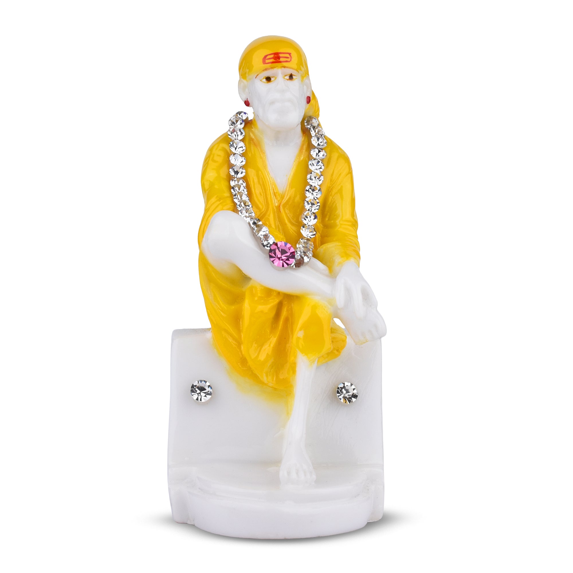 Shirdi Sai Baba Idol – 4 inches - Yellow Robe Polyresin Statue with Decorative Stone Garland