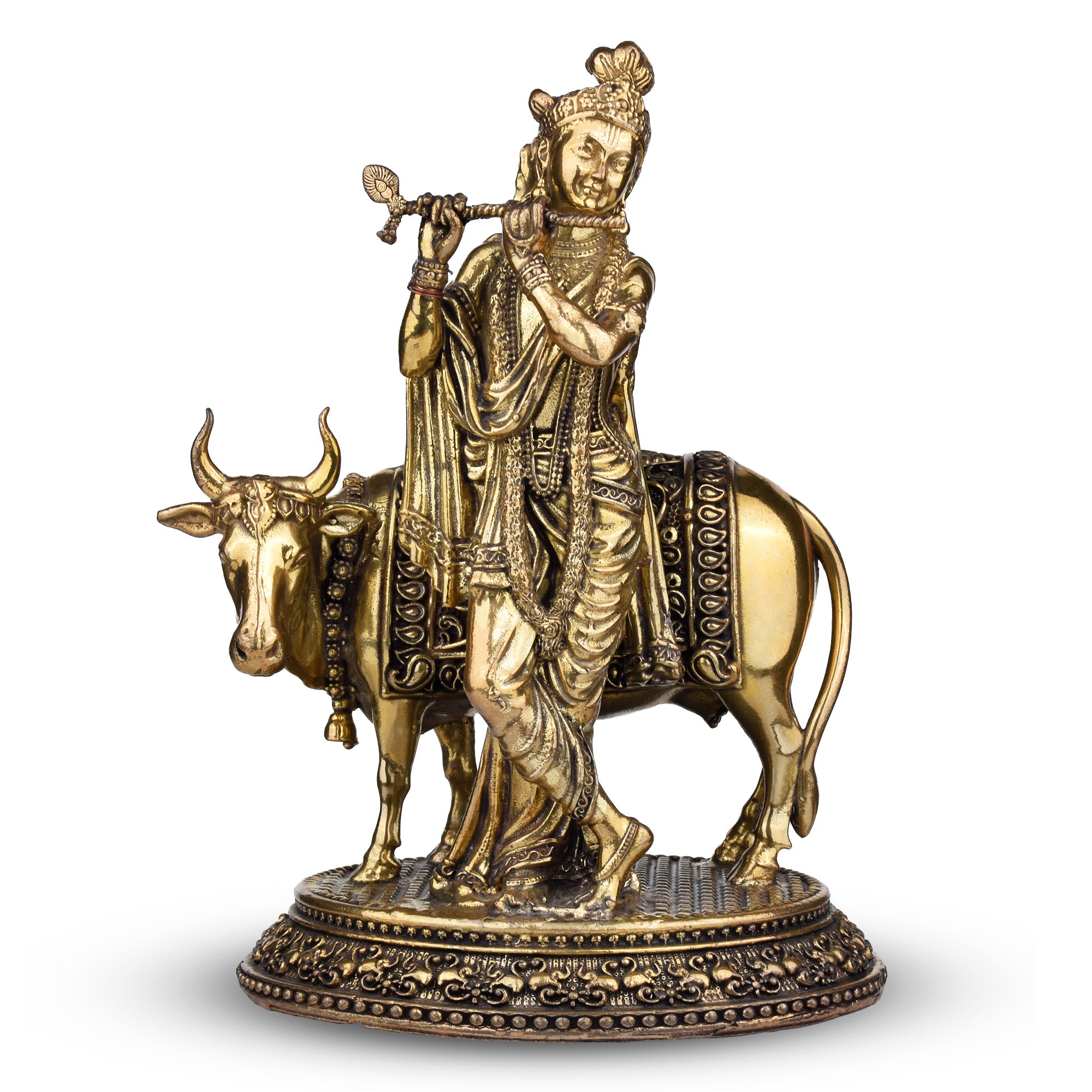 Brass Krishna with Cow Idol – Divine Spiritual Figurine 6.5 inches for Home & Office Décor