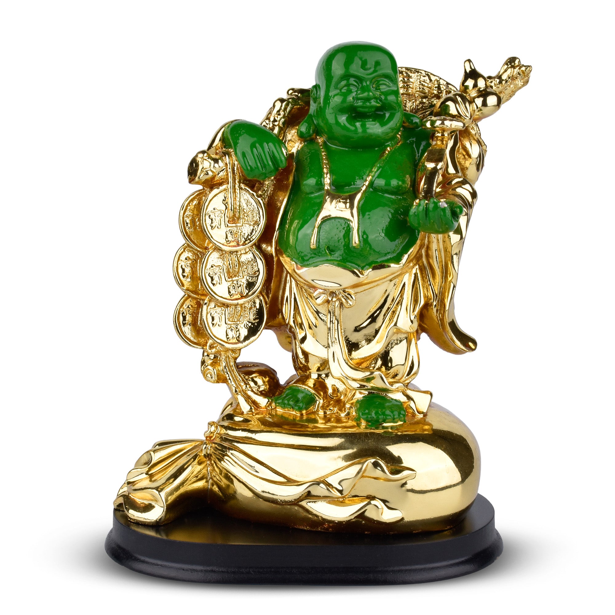 Feng Shui Laughing Buddha Idol | Green & Golden Polyresin Showpiece for Wealth & Happiness | Feng Shui Home Décor- 6.5 inches