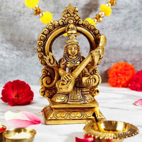 Antique Goddess Saraswati Brass Idol.